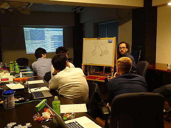 ホワイトボードを使って説明するHenry氏