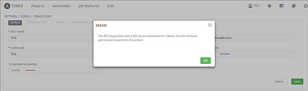 Normal UserがProjecttを作成しようとした場合のエラー