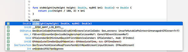 Xcodeのエディタが関数のヒントを表示する