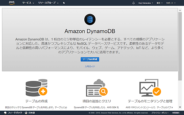 DynamoDBのホーム画面