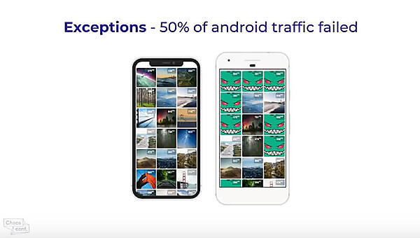 iPhoneとAndroidでの表示の比較。右の画面にはエラーを表すグレムリンの画像が表示されている