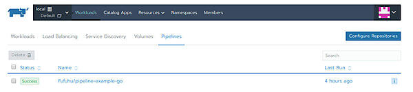 図8：Rancher Pipelinesのパイプライン一覧画面