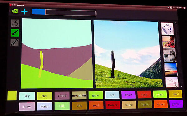 草原、山、雲、樹木を塗り絵のように生成