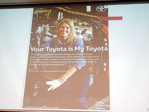 トヨタの広告で赤い矢印で示されているのがアンドンコード