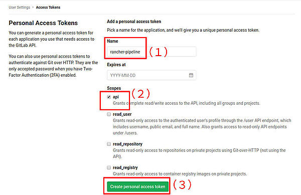 図11：GitLab - Rancher Pipeline連携のためのトークンの取得