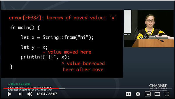 エラーメッセージにオーナーシップとボローイング（所有権と借用）が明示される