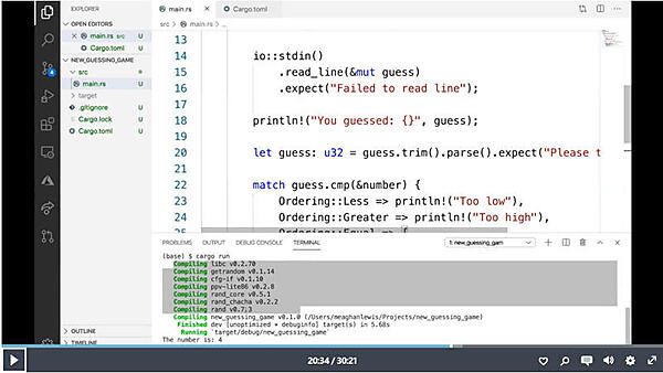 Visual Studio Codeでコードを編集し、ターミナルからコードCargoを実行してビルド、Runまでをデモ