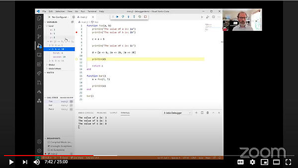 VS Codeでデバッグを実施。ターミナルの出力や変数の値を確認できる