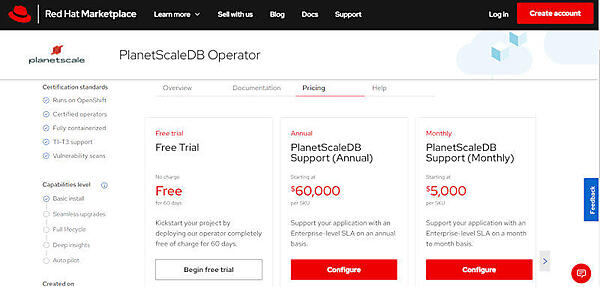 Red Hat MarketplaceにあるPlanetScaleDBのカタログ