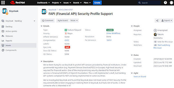 図7：FAPIサポート用JIRAチケット（KEYCLOAK-6767）