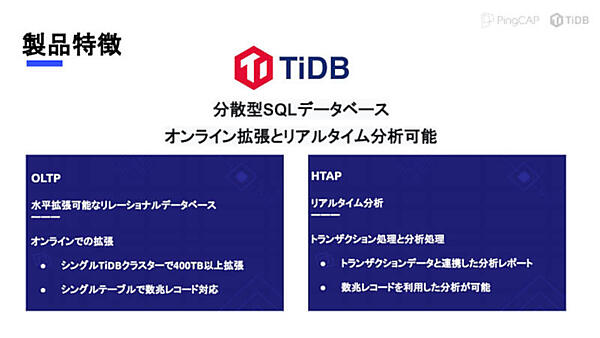 TiDBの概要。OLTPとHTAPを両立させている