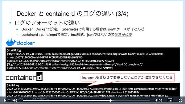 DockerとContainerdのログフォーマットの違いを説明