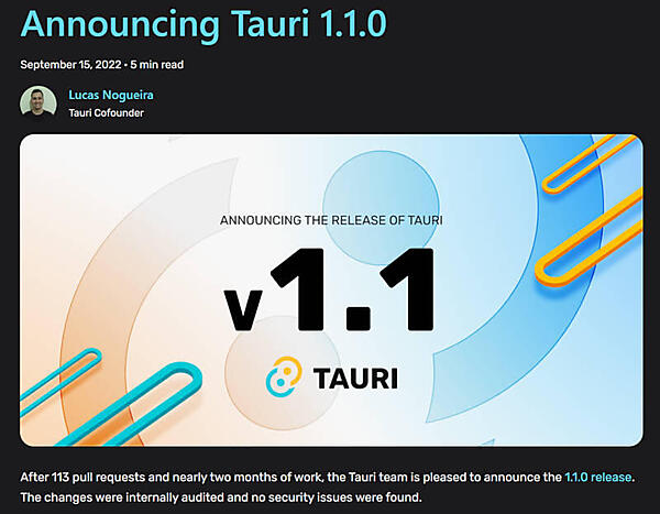 Tauri 1.1のリリースは2022年9月15日だ
