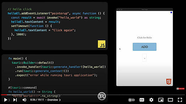 Visual Studio Codeでコーディング。左上がJS、左下がRustのコード、右はアプリのWindowだ