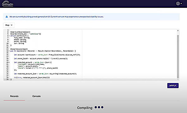 InfinyOn Cloud上にてRustで書かれた処理をコンパイルしているところ