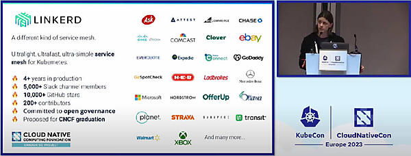 Linkerdについて説明するMatei David氏。事例としてMicrosoftが挙がっている点に注目