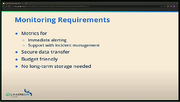 モニタリングに必要な要件。アラートなどが必要だがストレージは短期間で良い