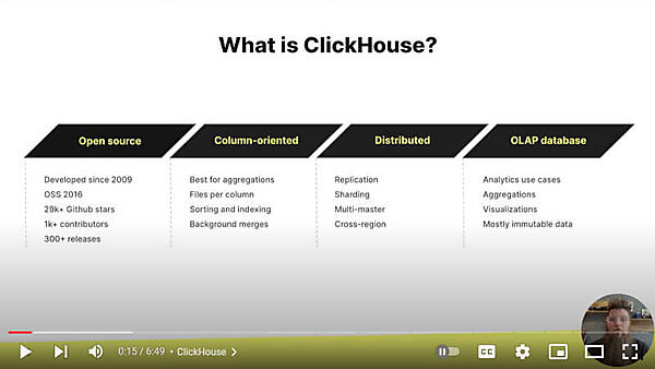 ClickHouseの概要。OSSであること、カラム指向、分散、OLAPのためのDBであることが特徴