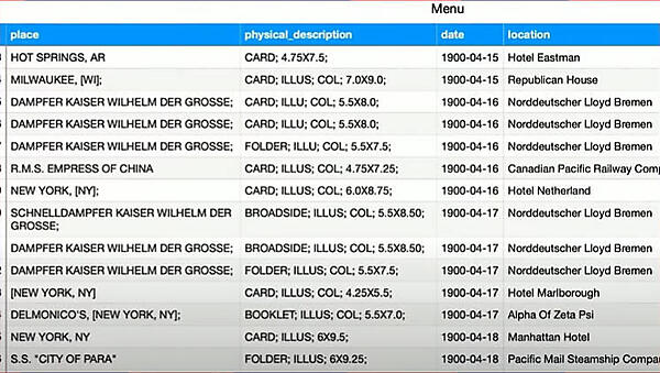 実際のメニューデータの一部、レストラン名、住所などが見て取れる