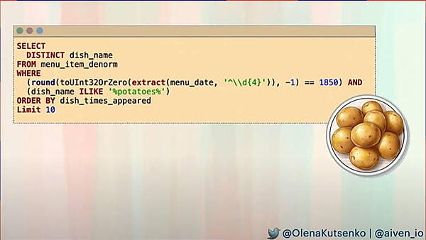 1850年に料理の名前に「potatoes」が含まれるものを集計するSQL