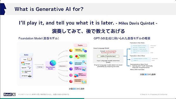 さまざまなデータから言語モデルが生成可能という説明にマイルス・デイビスの言葉を引用