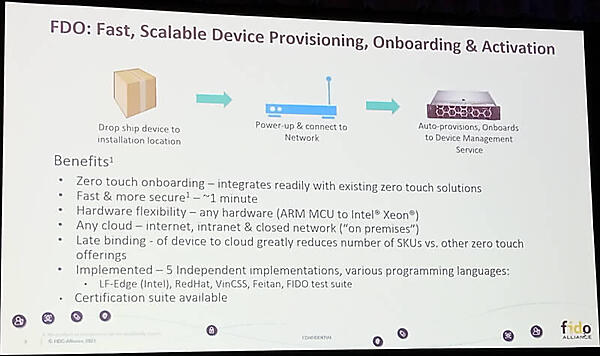 FDOの概要を説明。LF-EdgeやRed HatのソリューションなどもFDO準拠
