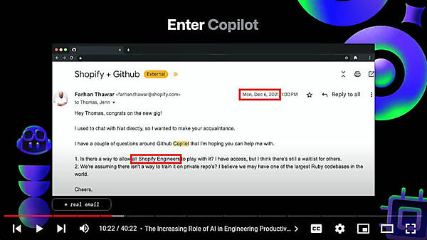 早くCopilotをShopifyのエンジニアに使わせたいという気持ちが表されているメールを紹介