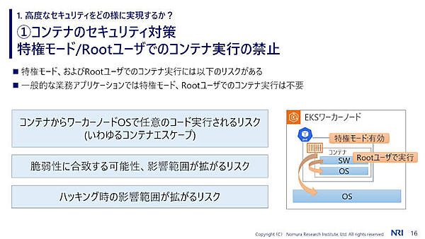 ①コンテナのセキュリティ対策 特権モード／Rootユーザーでのコンテナ実行の禁止