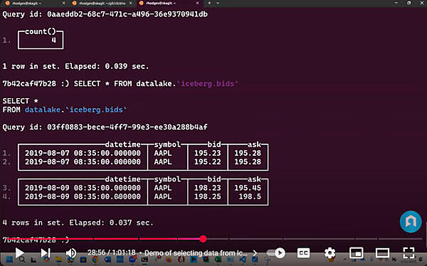 ターミナルを使ってデモを実施。ここではIcebergのカタログからのアクセスを実行