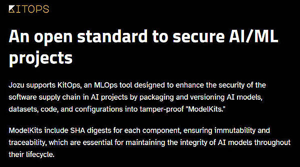 JozuはKitOpsをツールとしてサポートし、ModelKitをパッケージングフォーマットとして使う