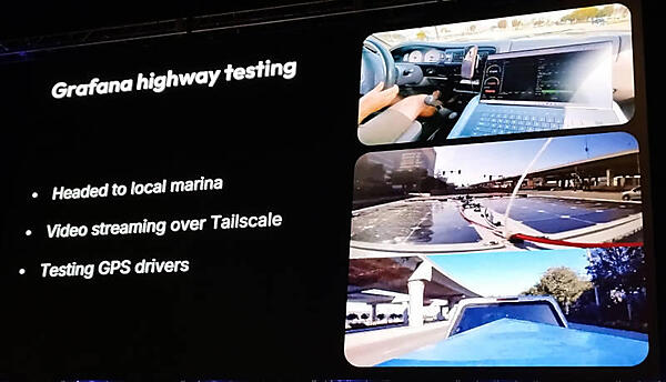 自動車にカメラを装着してライブストリーミングとGPS計測などをノートPC上のGrafanaで可視化する試験も行われた。実際に移動しながら動画のストリーミングと収集したデータをダッシュボードに表示するという方法だ