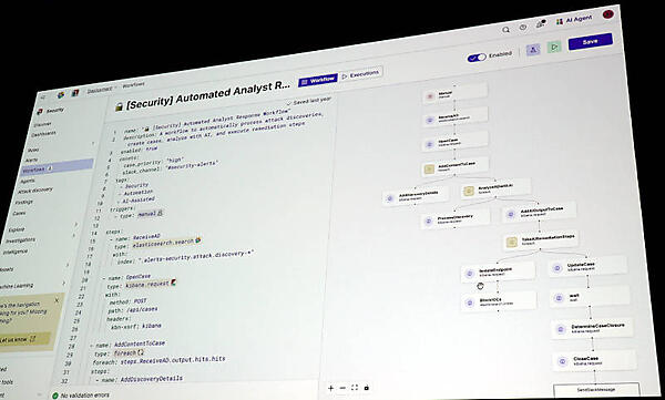 Elastic Workflow for Securityのデモを実施。右側にワークフローが表示されている
