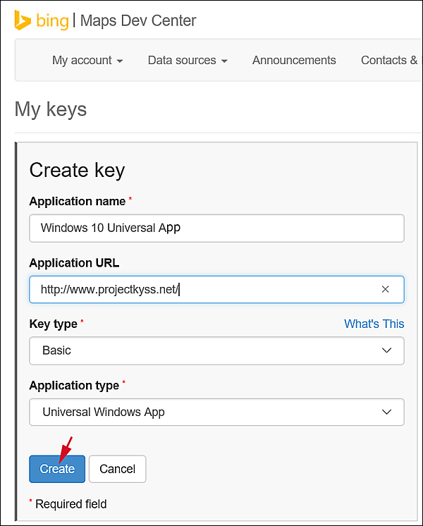 「My Keys」画面で必要事項を入力し［Create］をクリック
