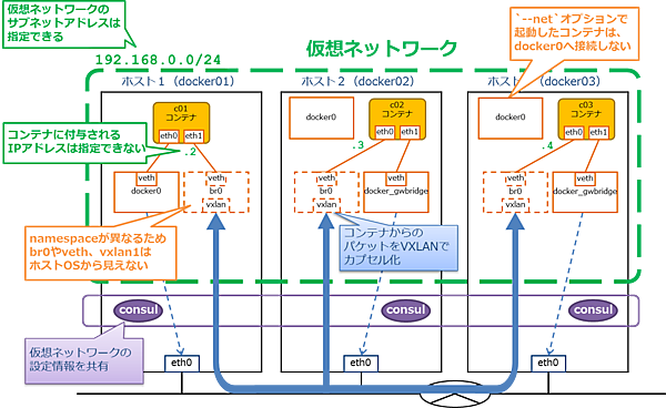 図3：Overlay Driverで構成される仮想ネットワークの実装例