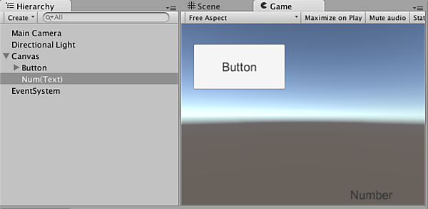 ゲーム画面左上隅にボタン、右下隅に数字を設置