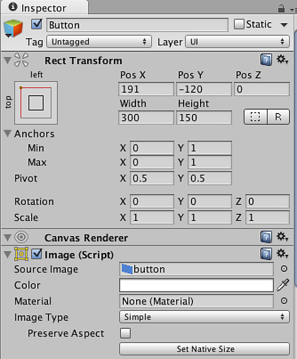 ButtonのInspectorでImage（Script）に取り込んだ画像をドラッグ&amp;ドロップ
