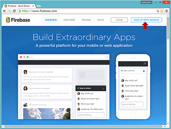 Firebase公式サイト（https://www.firebase.com/）からログイン（SIGN UP）