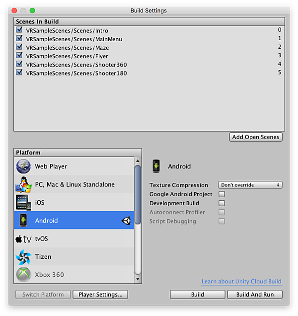 ビルドプラットフォームを「Android」に変更する