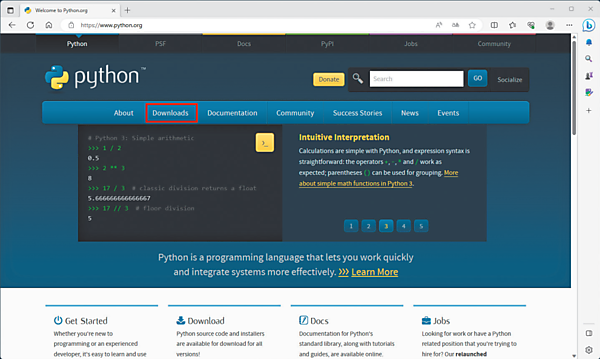 Python公式サイト(Microsoft Edgeの場合)