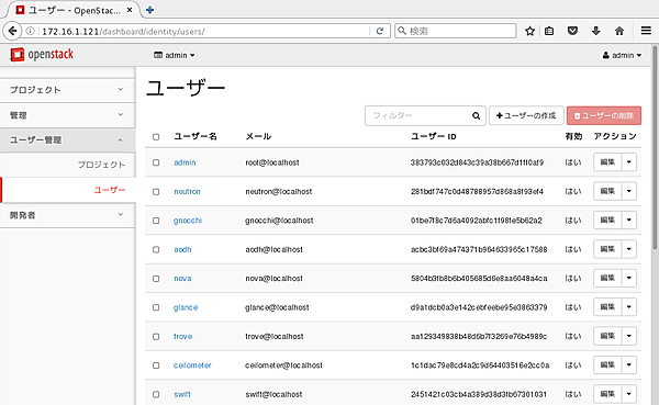 ユーザーの一覧表示（図の説明：インストールしたコンポーネントによって表示されるユーザーが異なる）