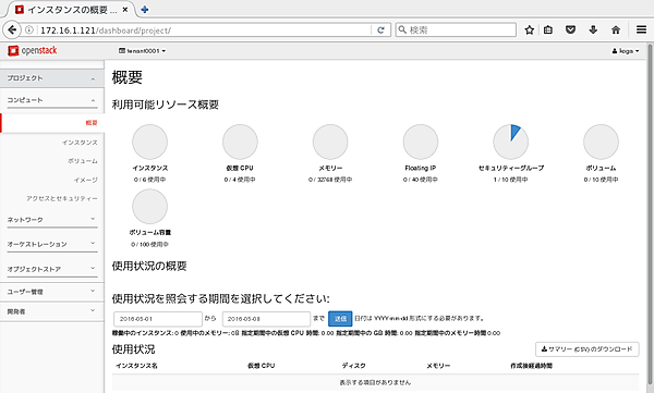 ユーザーkogaでログインした直後は、所属テナントの利用可能リソースが表示されている