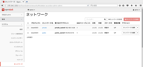 adminユーザー権限で、tenant0001のネットワークを確認