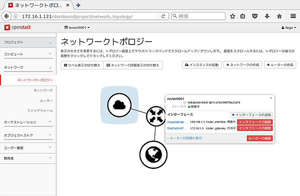 router0001に外部通信用のゲートウェイとインスタンス用のインターフェースが接続されていることを確認