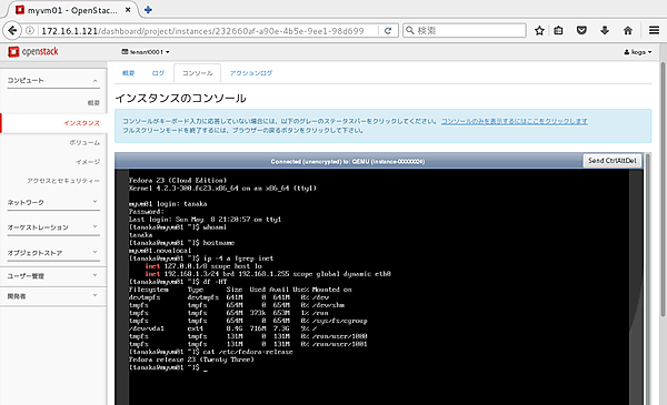 インスタンスのコンソール画面