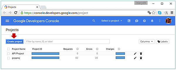 Google Developers ConsoleのProjects画面