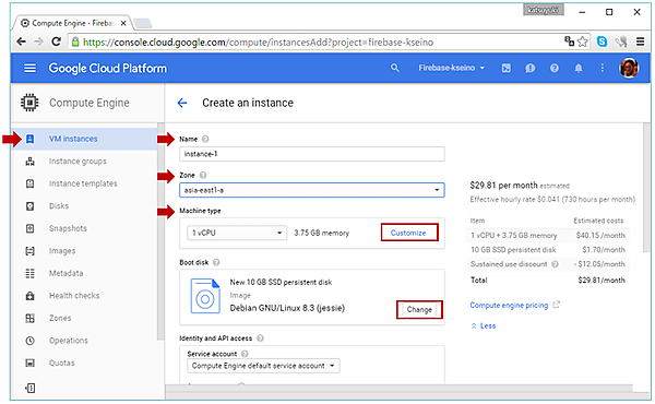 Create an instance画面