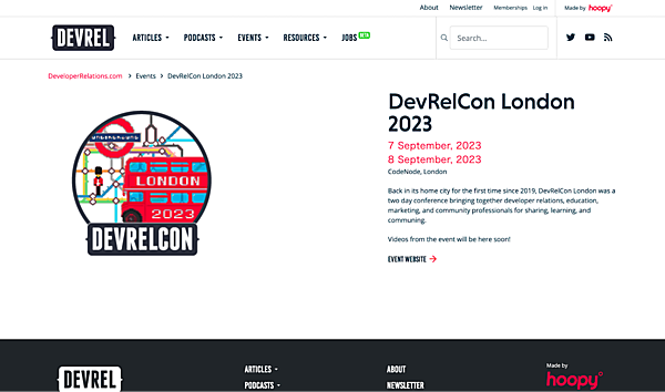 DevRelCon London 2023のホームページ