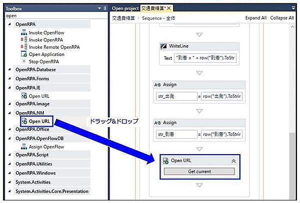「Open URL」アクティビティのドラッグ&ドロップ