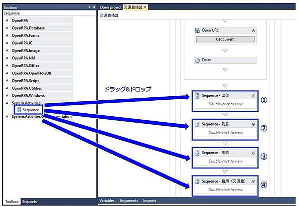 4つの「Sequence」アクティビティをドラッグ&ドロップ