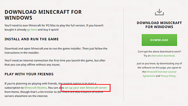 Minecraftのダウンロードページ